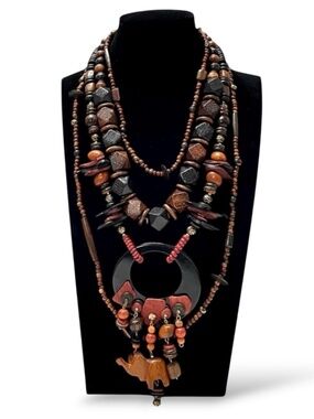 Boho Wooden Bead Necklace Bundle Chunky Layered Statement Ethnic Jewelry Set